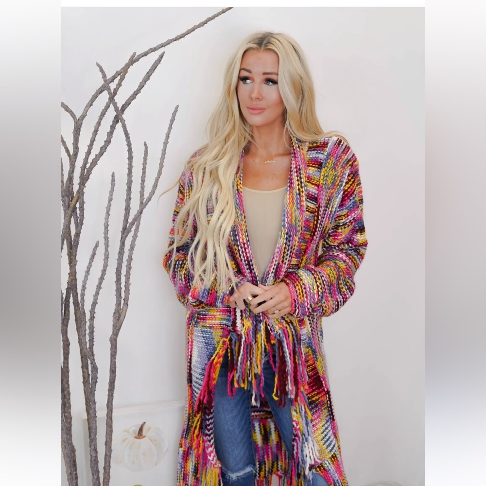 BLUE BUTTERCUP Boho Multi-Colored Yarn Cable Knit Cardigan